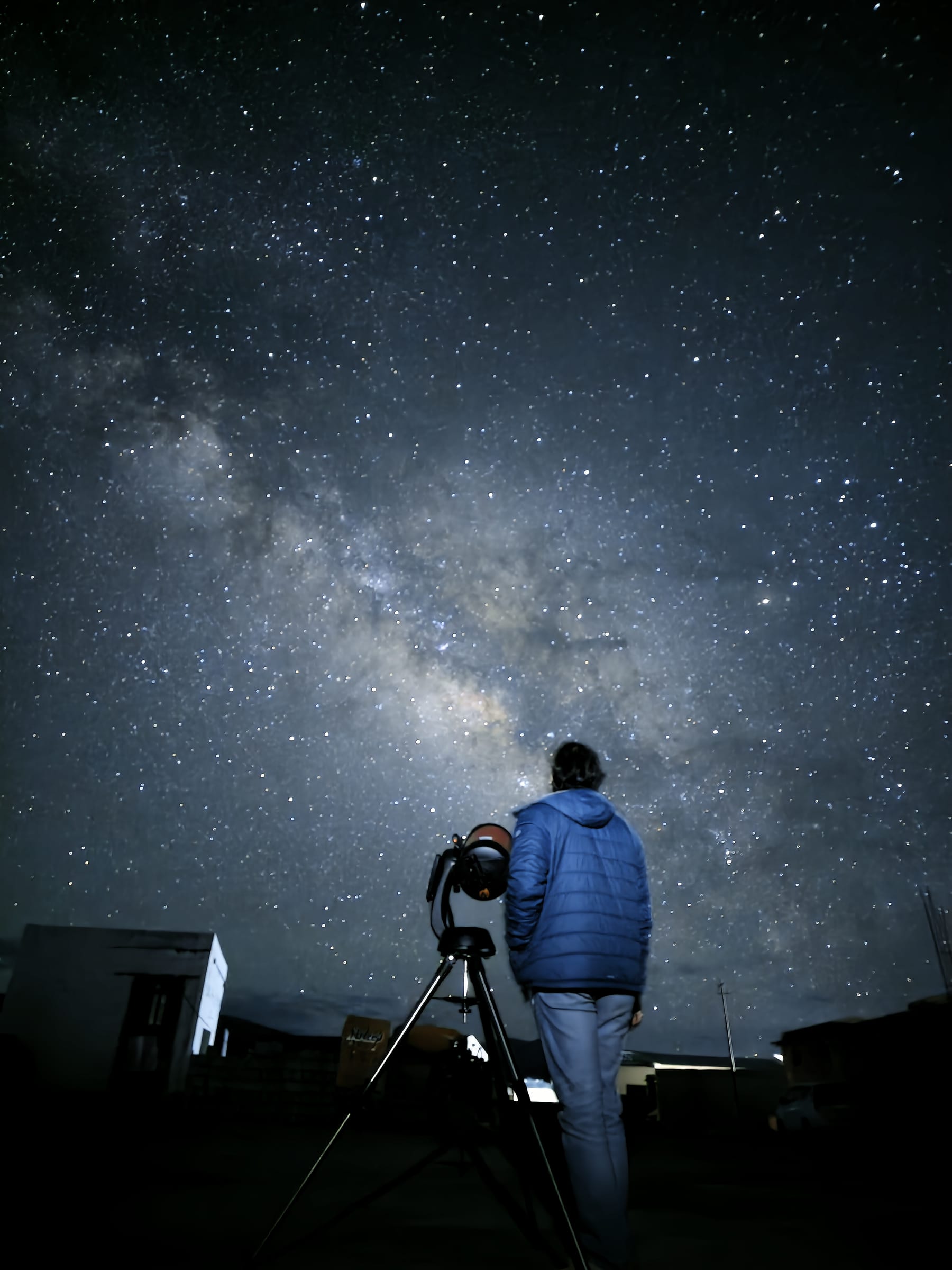 A traveller with a telescope under the Milky Way at Hanle