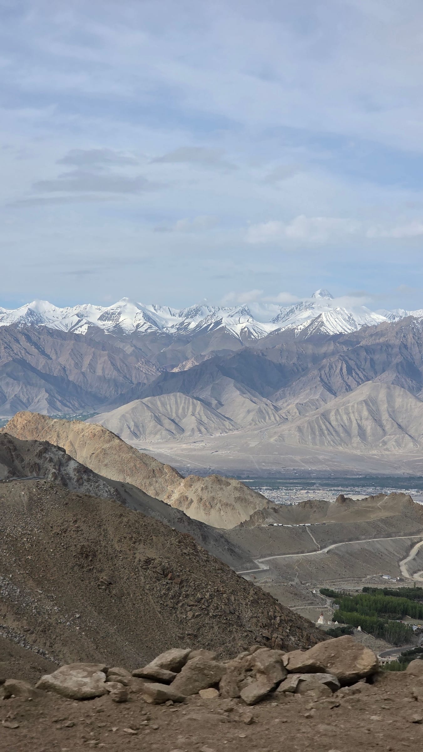 The climb out of Leh toward Khardung La, with the valley falling away below