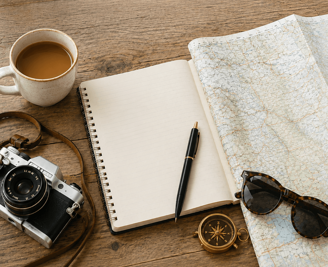 Trip planning - maps, notes and permits on a desk