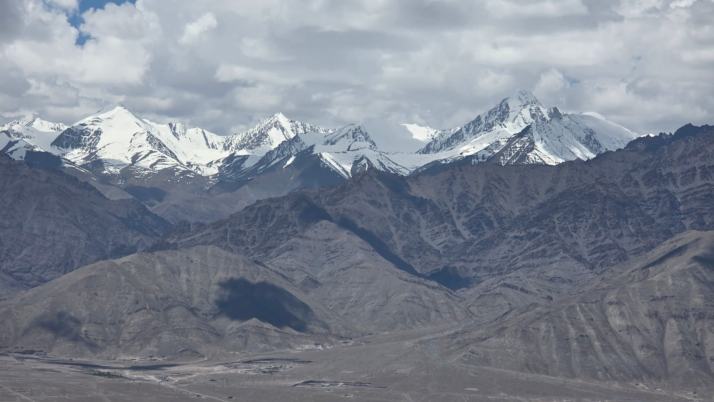 Snow capped peaks with cloud shadows